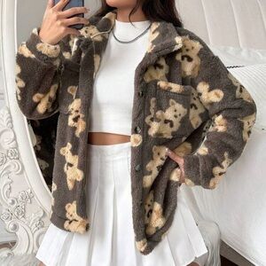 Gorgeous Large Brown Teddy Print Furry Button Down Collared Sweater